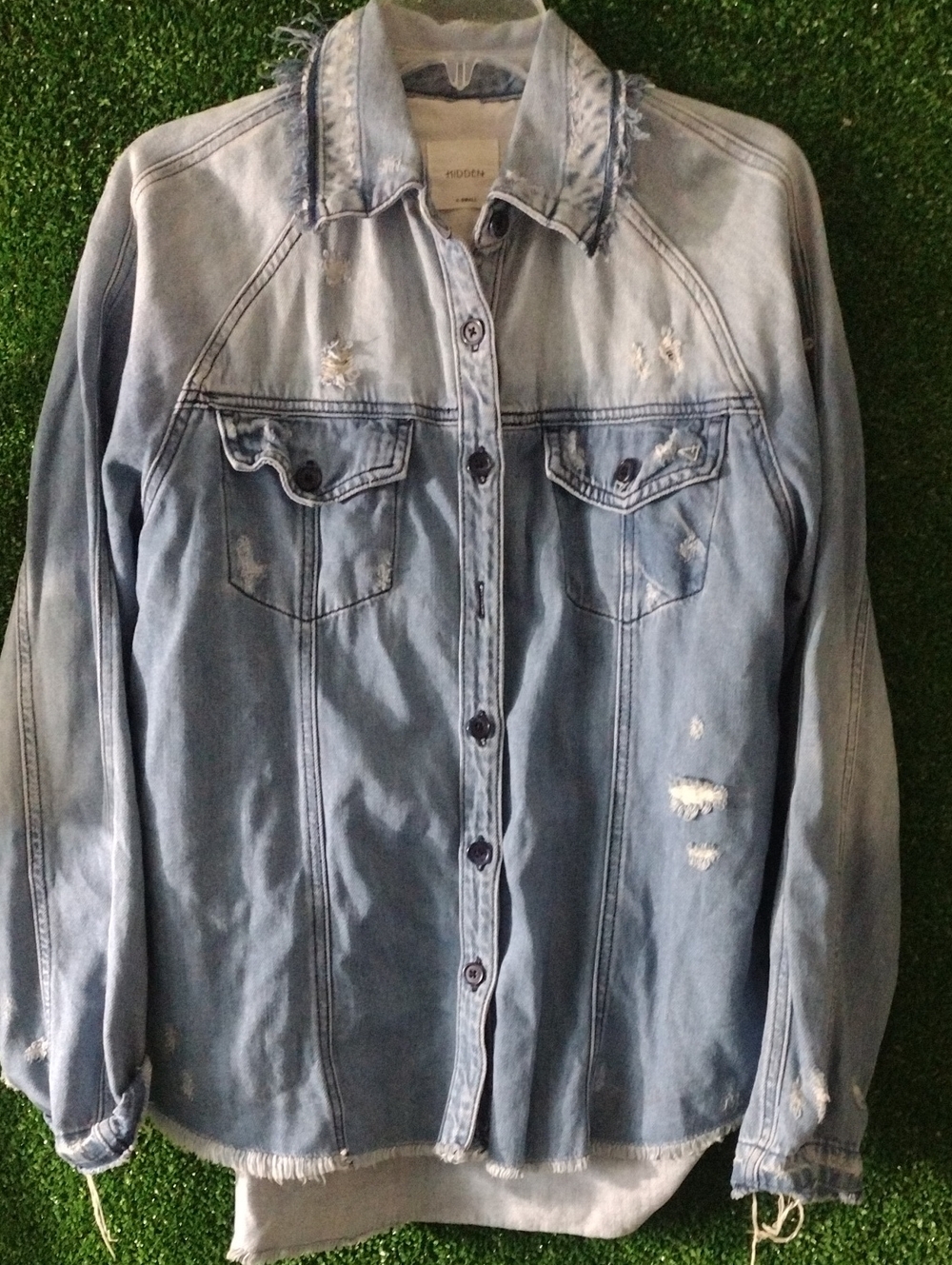 Hidden Distressed Light Blue Denim Shirt - Women Tops